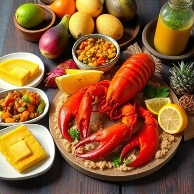 Fresh Caribbean cuisine spread on rustic table
